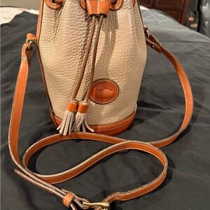 Dooney & Bourke Taupe Bucket Bag with Cognac Trim and Tassels